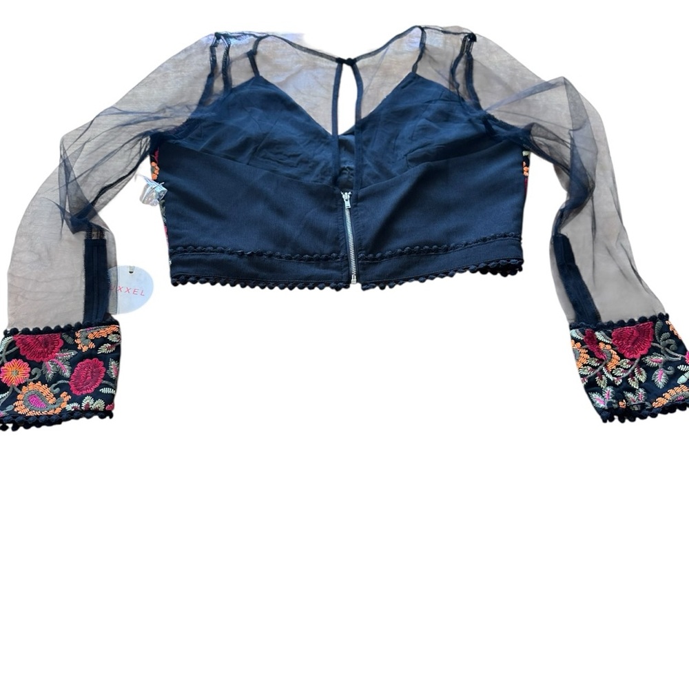 LUXXEL Embroidered Mesh Crop Top Sheer Sleeve Bustier Festival NWT M/L Summer - Picture 10 of 14